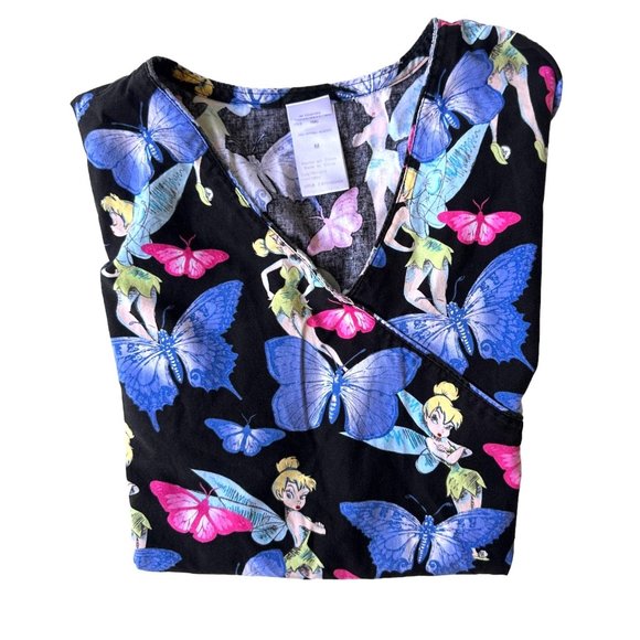 Disney Tinkerbell Scrub Top Medium  Blue Butterflies RN Nurse Vet Tech C… - Picture 5 of 12
